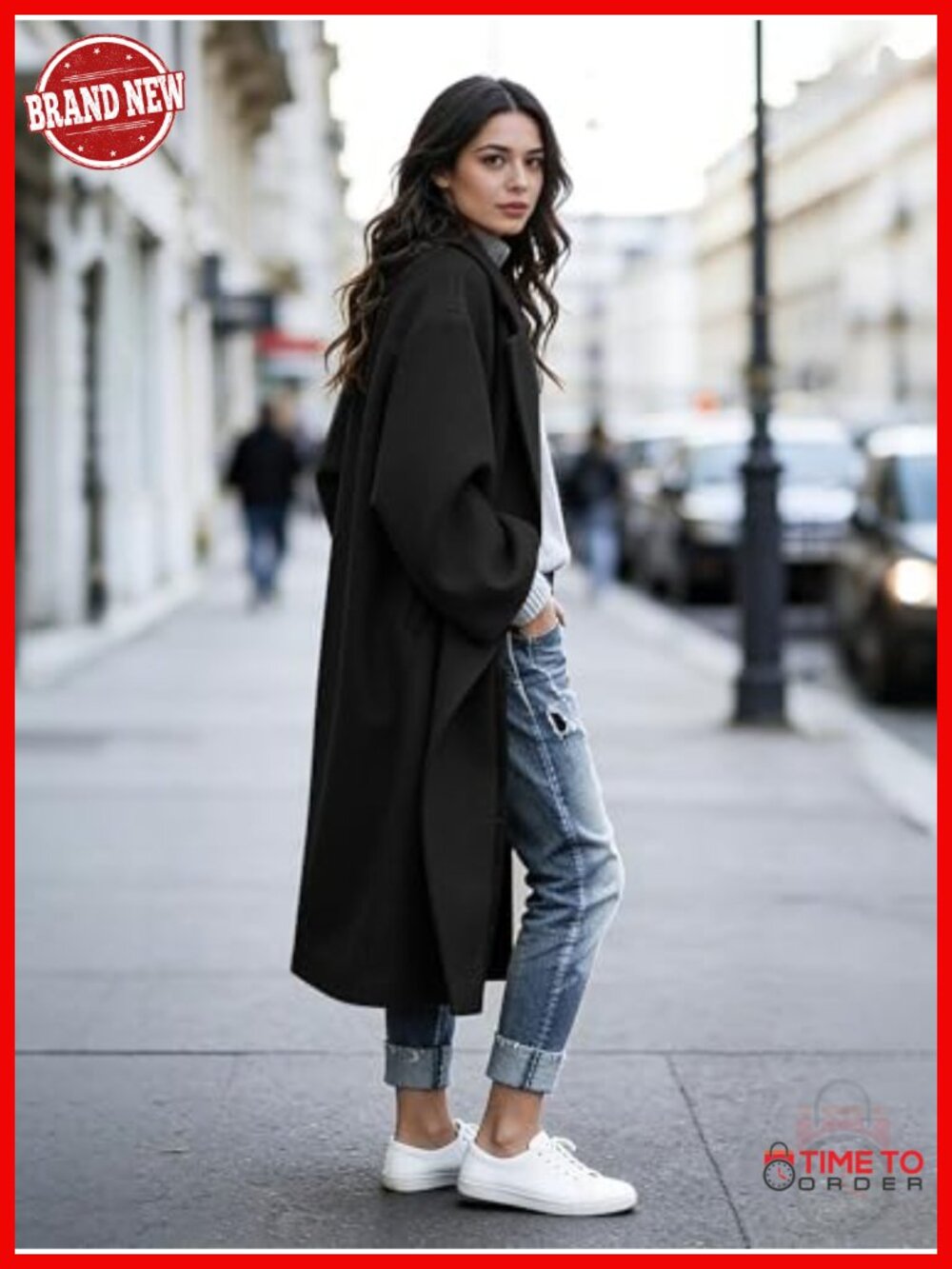 Women's Winter Wool Coat Notch Lapel Single Breasted Mid Long Pea Trench Coat - Picture 2 of 4